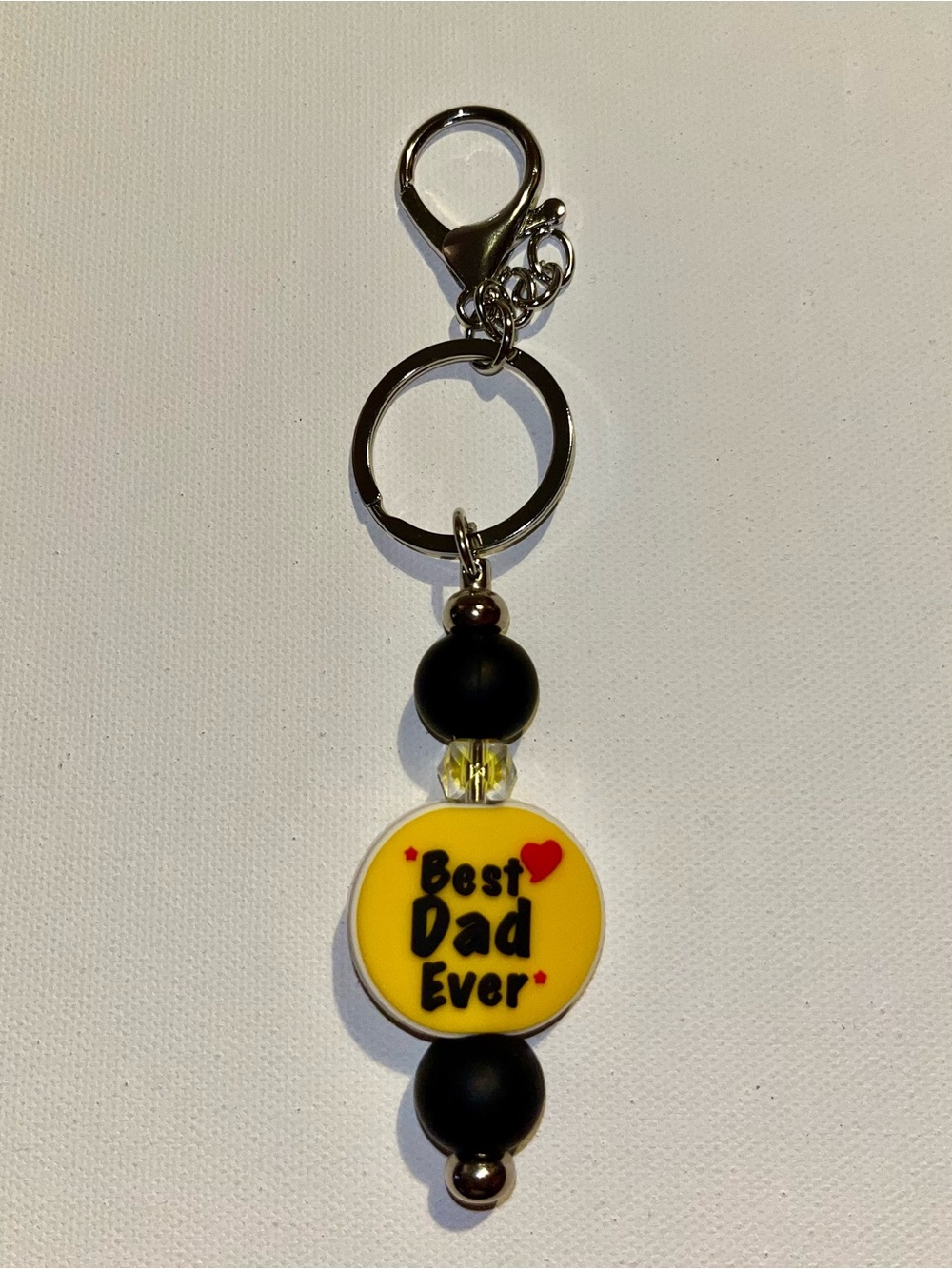 ‘Best Dad Ever’ Yellow Charm w/Red Heart & Yellow Faceted Accent Beaded Keychain